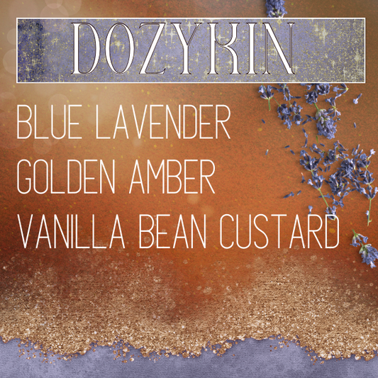 A fragrance product image for niche perfume 'Dozykin' by indie perfume house Mythpunk Olfactive with listed scent notes including Blue Lavender, Golden Amber, Vanilla Bean Custard.