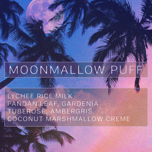 A fragrance product image for a niche perfume called Moonmallow Puff featuring a tropical scene with palm trees and a full moon, with fragrance notes listed as lychee rice milk, pandan leaf, gardenia, tuberose, ambergris, and coconut marshmallow creme.