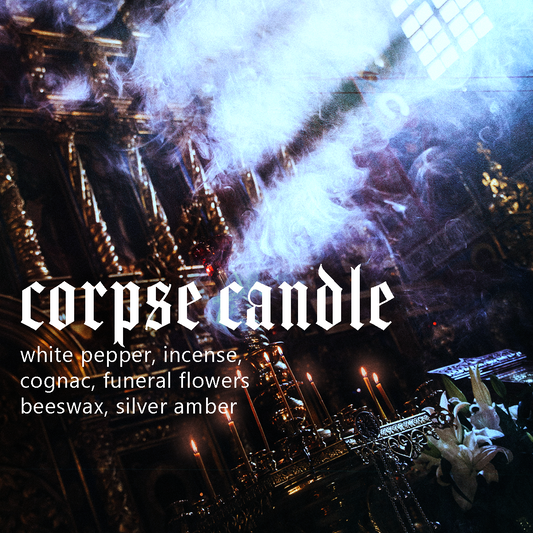 Photograph featuring an ornate Catholic church with gilded columns, with candles, smoke, and violet light streaming in from a window, with text for fragrance 'Corpse Candle' listing the notes as white pepper, incense, cognac, funeral flowers, beeswax, silver amber.